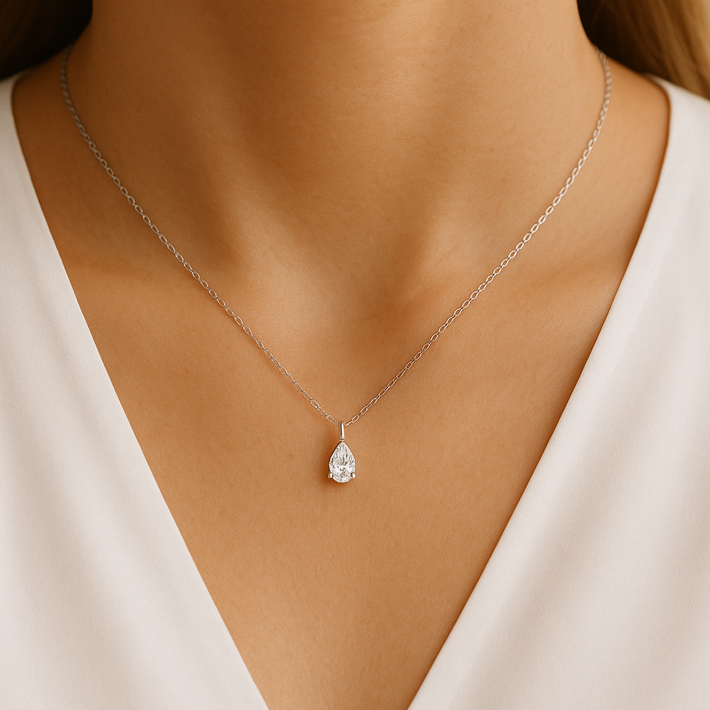 Solitaire Pear Cut Lab Diamond On 925 Fine Sterling Silver Chain