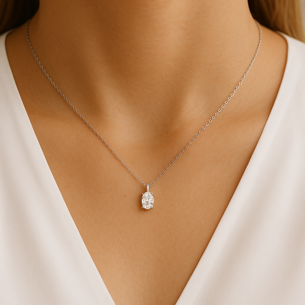 Solitaire Oval Cut Lab Diamond On 925 Fine Sterling Silver Chain