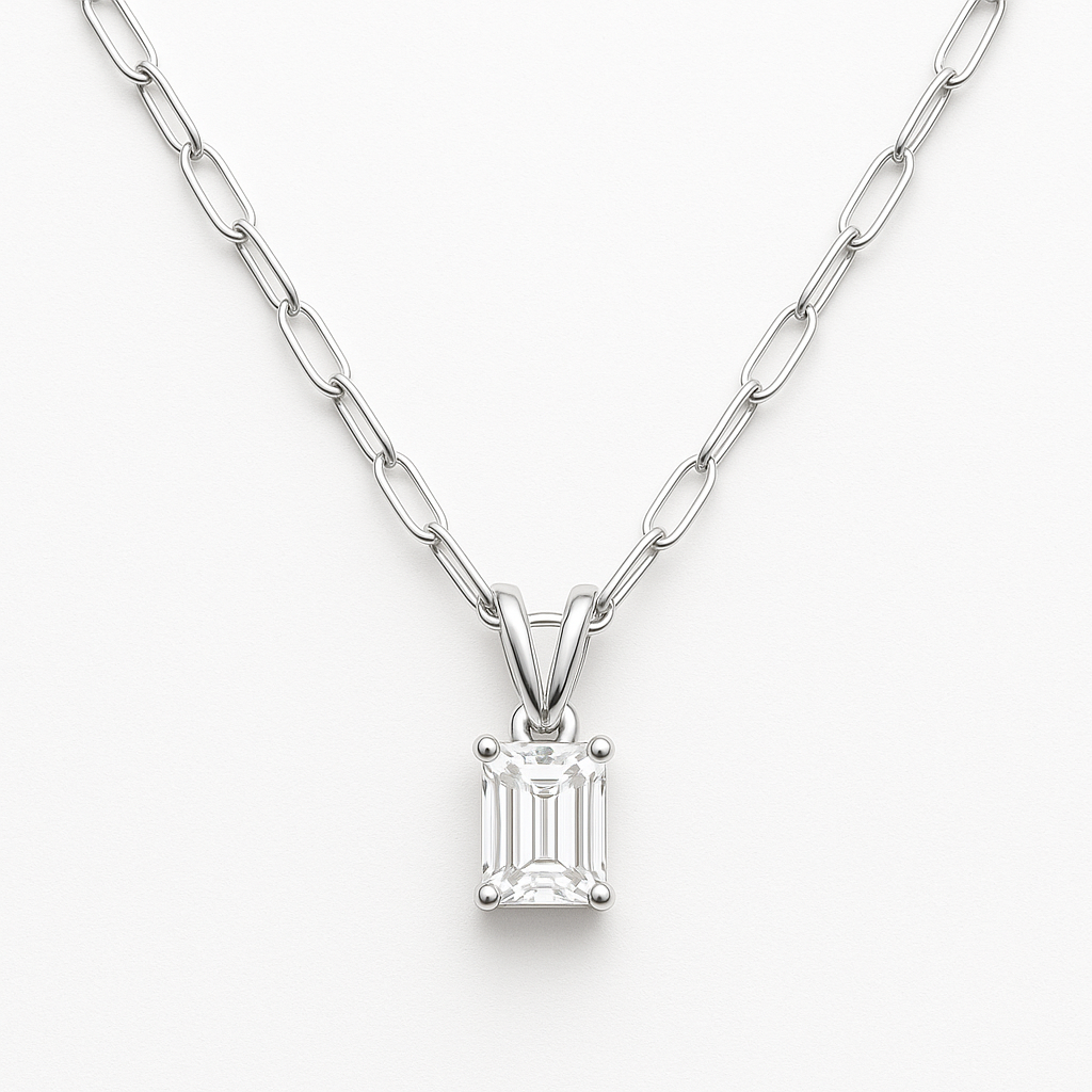 925 Silver Emerald Cut Lab Diamond Necklace 1-3CT