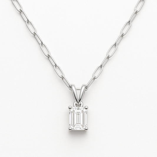 925 Silver Emerald Cut Lab Diamond Necklace 1-3CT