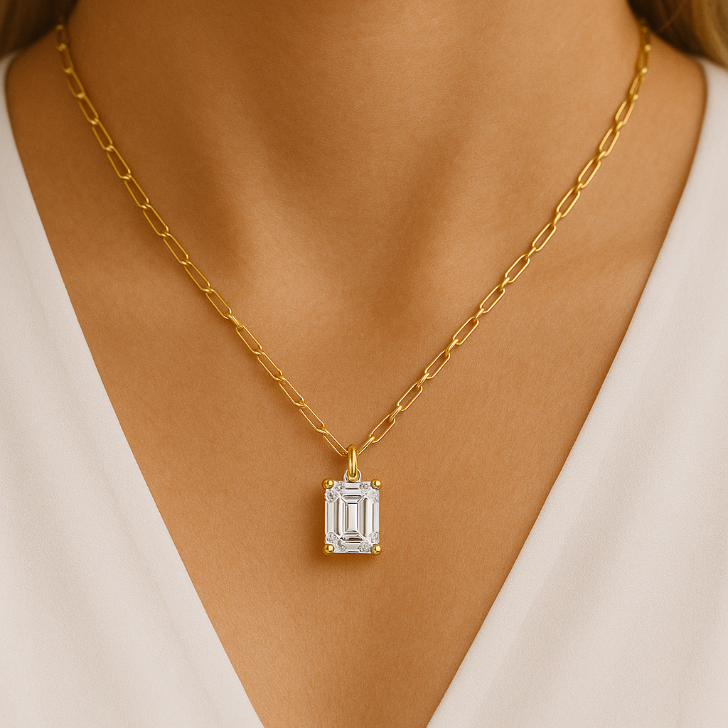 Solitaire Emerald Cut Lab Diamond On Paperclip Fine Sterling Silver Chain