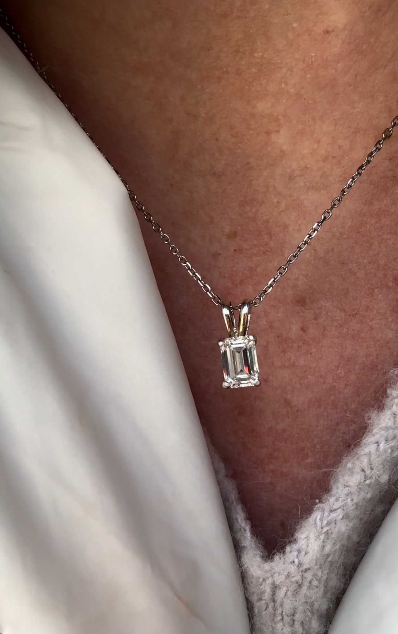 925 Silver Emerald Cut Lab Diamond Necklace 1-3CT