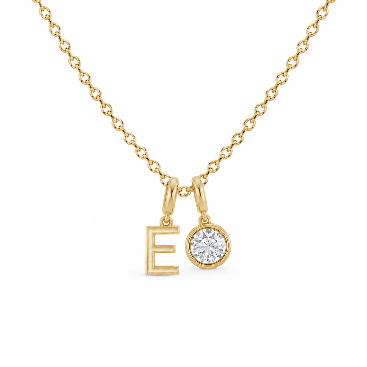 Solid 14k Gold Floating Letter Necklace with Bezel Lab Grown Diamond Charm