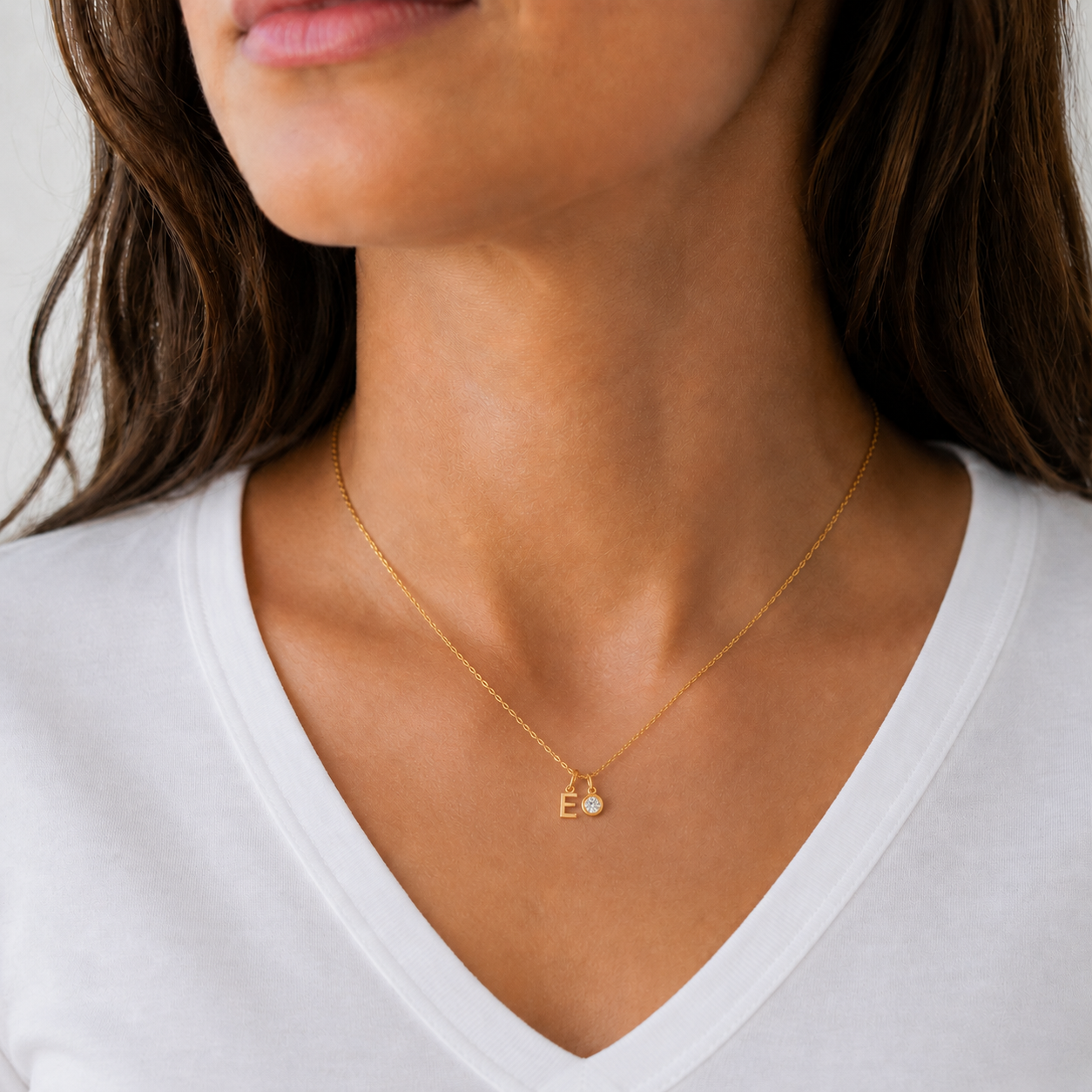 Solid 14k Gold Floating Letter Necklace with Bezel Lab Grown Diamond Charm